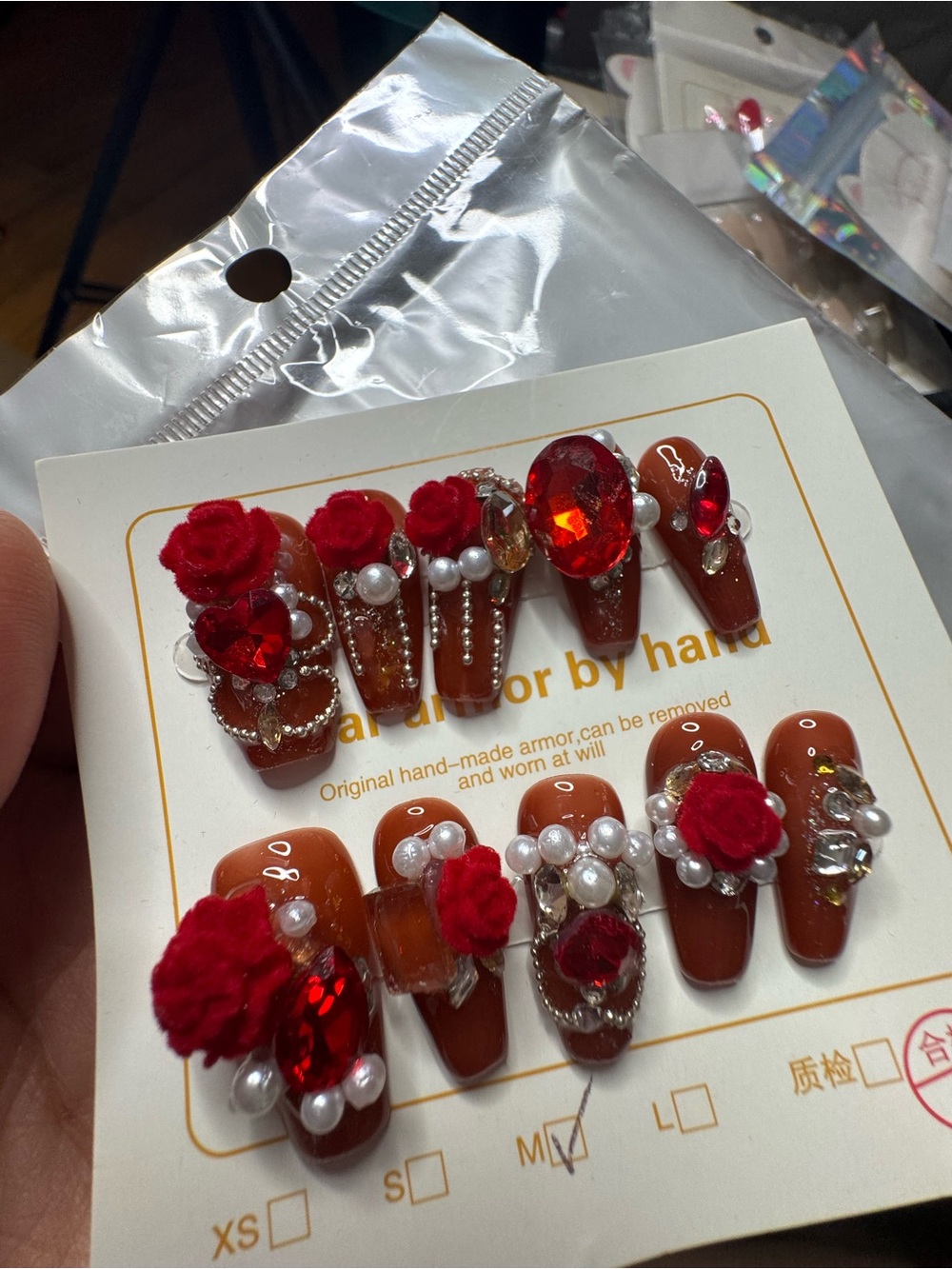 Handmade Brown & Red Floral Gem Press-On Nails